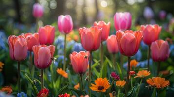 ai gegenereerd voorjaar symfonie. bloemen, insecten en vogels. foto