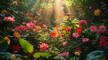 ai gegenereerd voorjaar symfonie. bloemen, insecten en vogels. foto