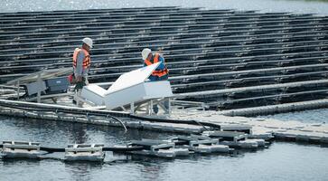 beide van technici zijn momenteel evalueren en repareren de transmissie terminals voor elektriciteit gegenereerd door zonne- energie in een drijvend zonne- macht systeem. foto