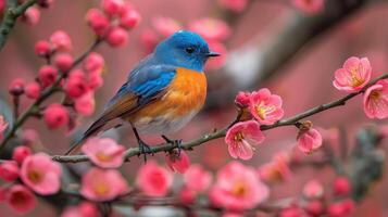 ai gegenereerd voorjaar symfonie. bloemen, insecten en vogels. foto