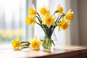 ai gegenereerd bloeide narcissen, voorjaar bloemen veel, vers boeket in water, glas vaas foto