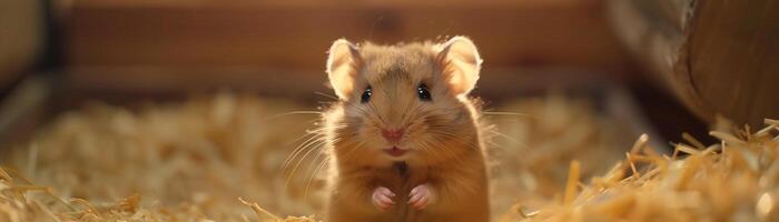 ai gegenereerd een dichtbij omhoog van schattig hamster in een zaagsel houder foto