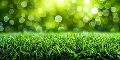 ai gegenereerd realistisch groen gras, natuur en zonlicht banier achtergrond groen gras Kerstmis bokeh lichten foto