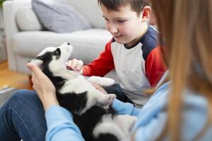 kind en puppy spelen binnenshuis foto