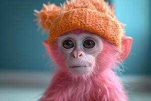 ai gegenereerd een roze aap in een warm hoed zittend in een blauw interieur foto