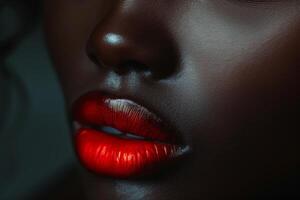 ai gegenereerd detailopname van mooi vrouw lippen met rood lippenstift van een Afrikaanse Amerikaans vrouw. modieus bedenken foto