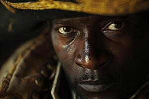 ai gegenereerd een detailopname portret van een Afrikaans ogend piraat. de Afrikaanse piraat foto