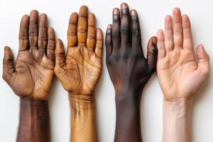 ai gegenereerd detailopname van een veel van handen van mensen van verschillend races . de concept van vriendschap en internationalisme foto
