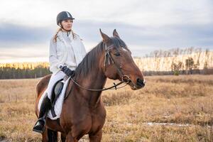 mooi blond professioneel vrouw jockey rijden een paard in veld- in winter foto