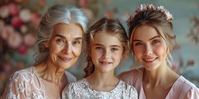 ai gegenereerd portret van grootmoeder, moeder en kind meisje, gelukkig familie van drie generaties knuffelen met liefde, tederheid Bij huis, binding, lachend. moeders of Internationale vrouwen dag concept. foto