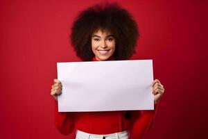 ai gegenereerd jong brunette vrouw Holding een blanco aanplakbiljet of leeg papier teken banier in haar handen, Aan rood achtergrond. ontwerp poster sjabloon, afdrukken presentatie maquette. foto