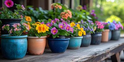 ai gegenereerd kleurrijk tuin bloemen in de potten Aan houten tafel. tuinieren achtergrond mockup concept. foto