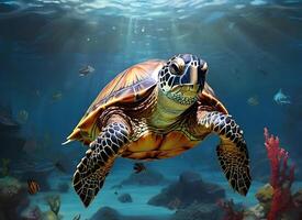 ai gegenereerd een schildpad is zwemmen in de zee foto