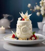 ai gegenereerd een mooi vanille room taart bewerkte in moleculair keuken stijl foto