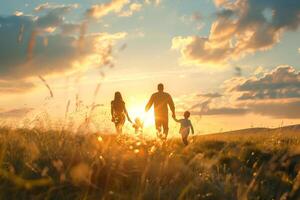 ai gegenereerd een familie wandelen in een veld- Bij zonsondergang, ai gegenereerd foto