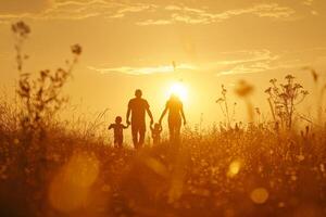 ai gegenereerd een familie wandelen in een veld- Bij zonsondergang, ai gegenereerd foto