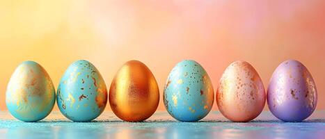 ai gegenereerd Pasen eieren Aan een wazig perzik achtergrond met bokeh foto