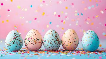 ai gegenereerd Pasen eieren Aan een helling achtergrond met vliegend confetti foto