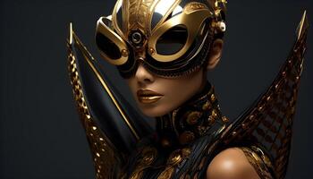 ai gegenereerd jong vrouw vervelend zonnebril en een futuristische goud kleding. foto