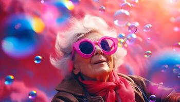 ai gegenereerd een ouderen vrouw in zonnebril looks Bij vliegend zeep bubbels. foto
