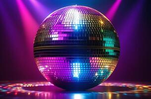 ai gegenereerd een kleurrijk disco bal met lichten schijnend Aan het foto