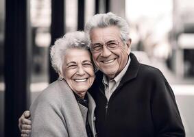ai gegenereerd gelukkig senior stel, getrouwd Mens en vrouw. glimlachen grootouders portret, knuffelen. oud partners foto