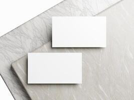 blanco wit bedrijf kaart mockup Aan marmeren achtergrond 3d geven illustratie voor bespotten omhoog en ontwerp presentatie. foto