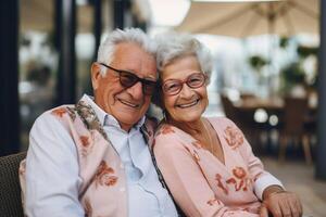 ai gegenereerd gelukkig senior stel, getrouwd oud Mens en vrouw zitten, knuffelen. glimlachen grootouders portret foto