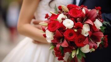 ai gegenereerd bruiloft boeket met rood en karmozijn bloemen Aan wazig bruid en bruidegom achtergrond, foto