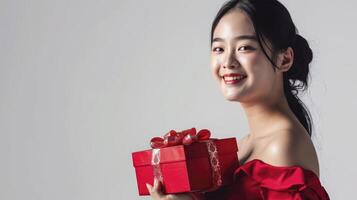 ai gegenereerd een glimlachen jong Dames vervelend rood jurk Holding rood geschenk doos geïsoleerd Aan wit achtergrond, foto