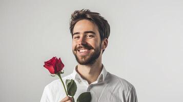 ai gegenereerd een Mens Holding roos glimlachen geïsoleerd Aan wit achtergrond, foto