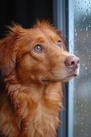 ai gegenereerd portret van een bruin hond buiten de venster aan het wachten voor haar eigenaar foto
