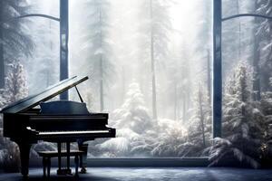 ai gegenereerd de groots piano silhouet in de kamer winter seizoen met sneeuw Woud achtergrond, de concept een lied over winter, muziek- in winter foto