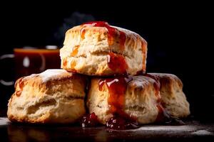 ai gegenereerd detailopname duidelijk scones met frambozen en framboos jam Aan top klaar naar dienen voor middag thee menu bakkerij voedsel foto