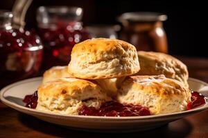 ai gegenereerd detailopname duidelijk scone met framboos jam in gerecht. bakkerij voedsel middag thee menu foto