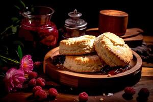 ai gegenereerd detailopname duidelijk scone met frambozen en framboos jam klaar naar dienen voor middag thee menu bakkerij voedsel foto