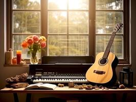 ai gegenereerd muziek- trio instrument met toetsenbord en gitaar in muziek- praktijk kamer met bloemen, boeken en versierd items Bij venster dag tijd foto