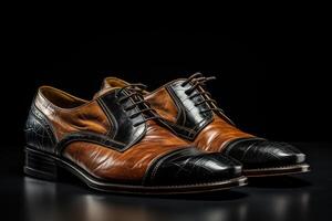 ai gegenereerd modieus Mannen leer schoenen. schoenen gemaakt van zwart en bruin leer Aan een zwart achtergrond. gegenereerd door kunstmatig intelligentie- foto