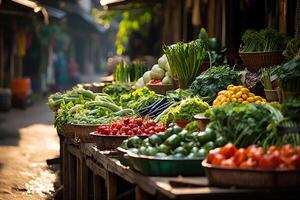 ai gegenereerd groente markt met houten rijen vol van divers groenten. gegenereerd door kunstmatig intelligentie- foto