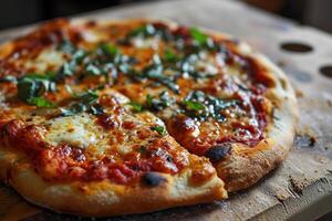ai gegenereerd groot vegetarisch pizza met kers tomaten en kruiden Aan een houten dienblad. gegenereerd door kunstmatig intelligentie- foto