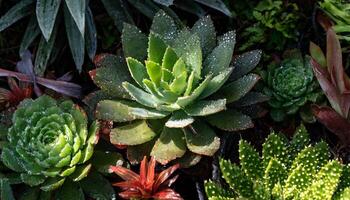 ai gegenereerd dichtbij omhoog foto van sappig planten in regenwoud, met dauw druppels