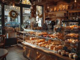 ai gegenereerd een warm uitnodigend tafereel van een bruisend bakkerij binnen een knus koffie winkel foto
