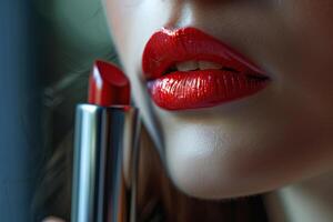 ai gegenereerd detailopname van een vrouw lippen met helder rood lippenstift en druppels van water Aan hen. schoonheid, cosmetica, bedenken concept. gegenereerd door kunstmatig intelligentie- foto