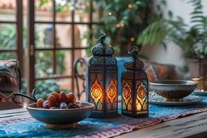 ai gegenereerd Ramadan decor houten tafel met datums en kaars lantaarns foto