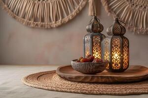 ai gegenereerd Ramadan themed houten tafel met datums en kaars lantaarn decor foto