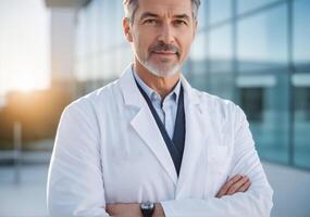 ai gegenereerd een zelfverzekerd volwassen mannetje dokter met gevouwen armen vervelend een laboratorium jas, een blauw shirt, en een stethoscoop staat in een ziekenhuis foto