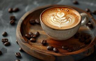 ai gegenereerd een stomen kop van latte kunst koffie resting Aan een houten oppervlak, omringd door koffie bonen en jute, oproepen tot een warm, knus atmosfeer foto