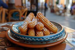 ai gegenereerd churros in een keramisch bord Aan een rustiek houten tafel foto