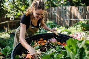 ai gegenereerd composteren keuken groente kladjes voedsel verspilling voor recyclen, milieuvriendelijk verantwoordelijk compost foto