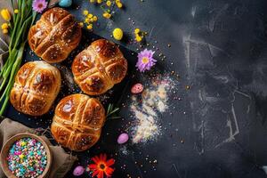 ai gegenereerd Pasen gebakken heet kruis broodjes feestelijk Pasen nagerecht, mini eieren, voorjaar bloemen, ruimte voor tekst foto